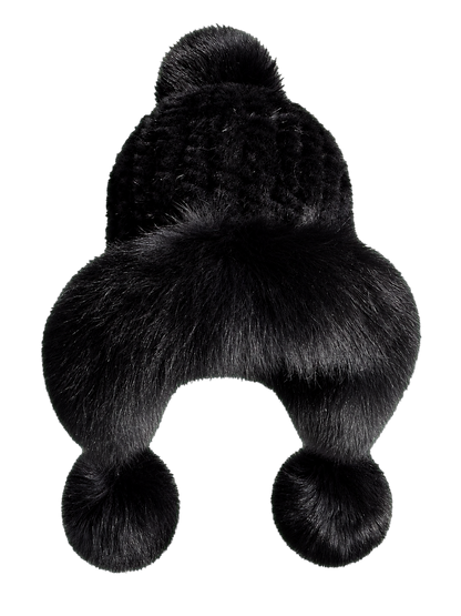 Natural Black genuine mink and fox fur knitted earflap hat on transparent background