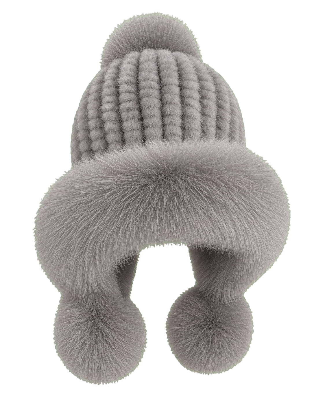 Silver Gray genuine mink and fox fur knitted earflap hat on transparent background