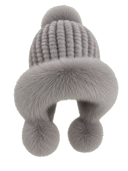 Silver Gray genuine mink and fox fur knitted earflap hat on transparent background