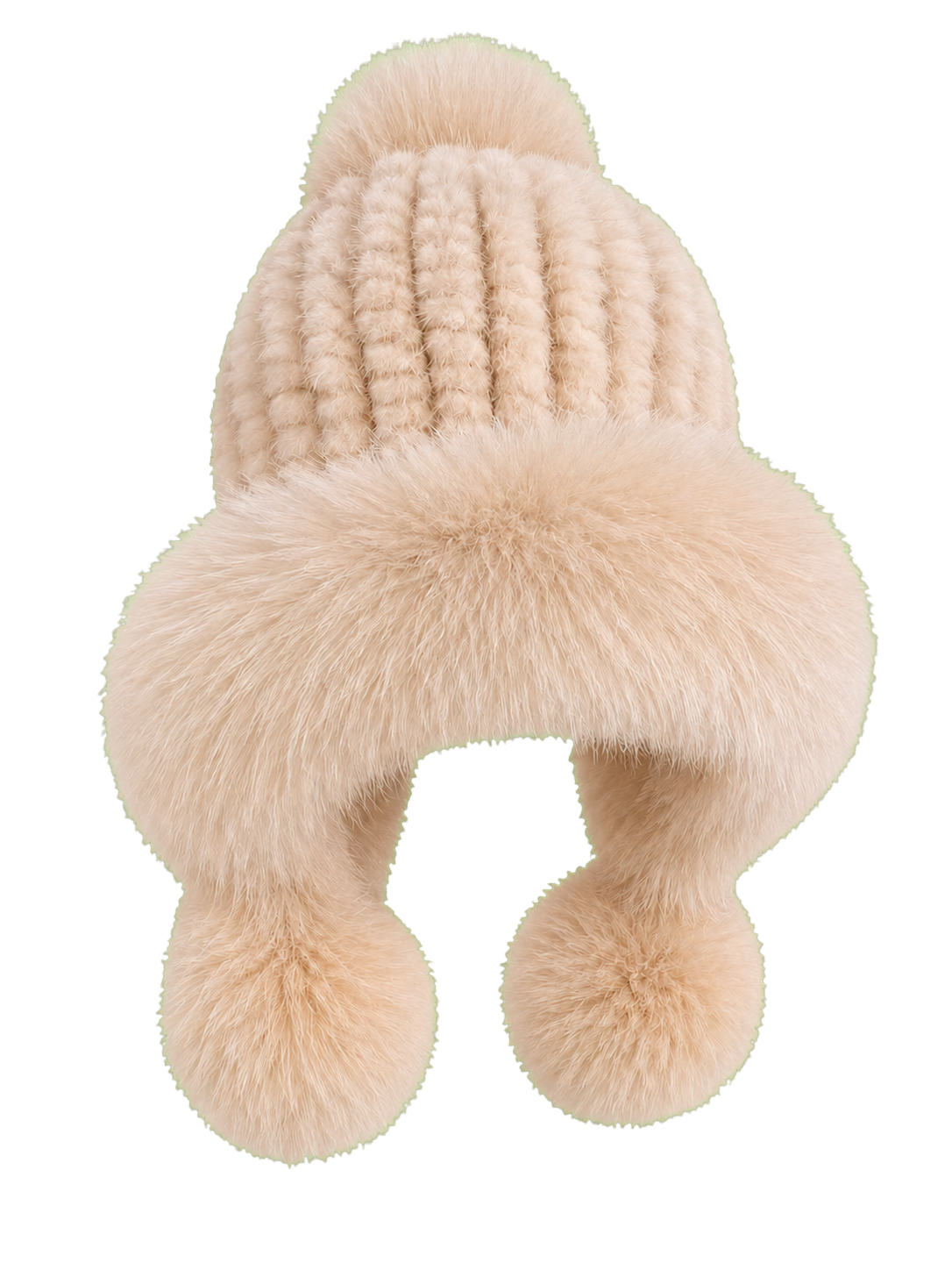 Soft Ivory genuine mink and fox fur knitted earflap hat on transparent background