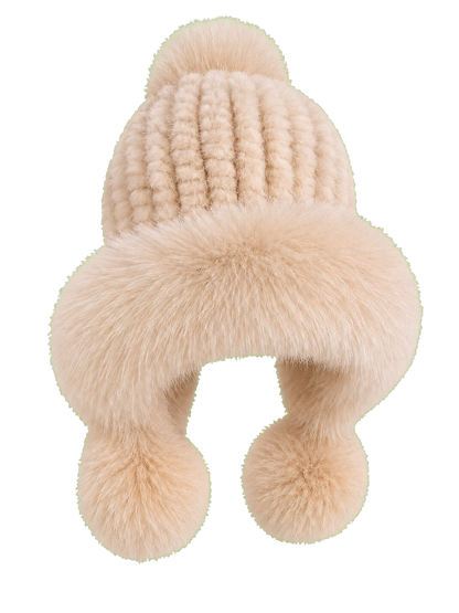 Soft Ivory genuine mink and fox fur knitted earflap hat on transparent background