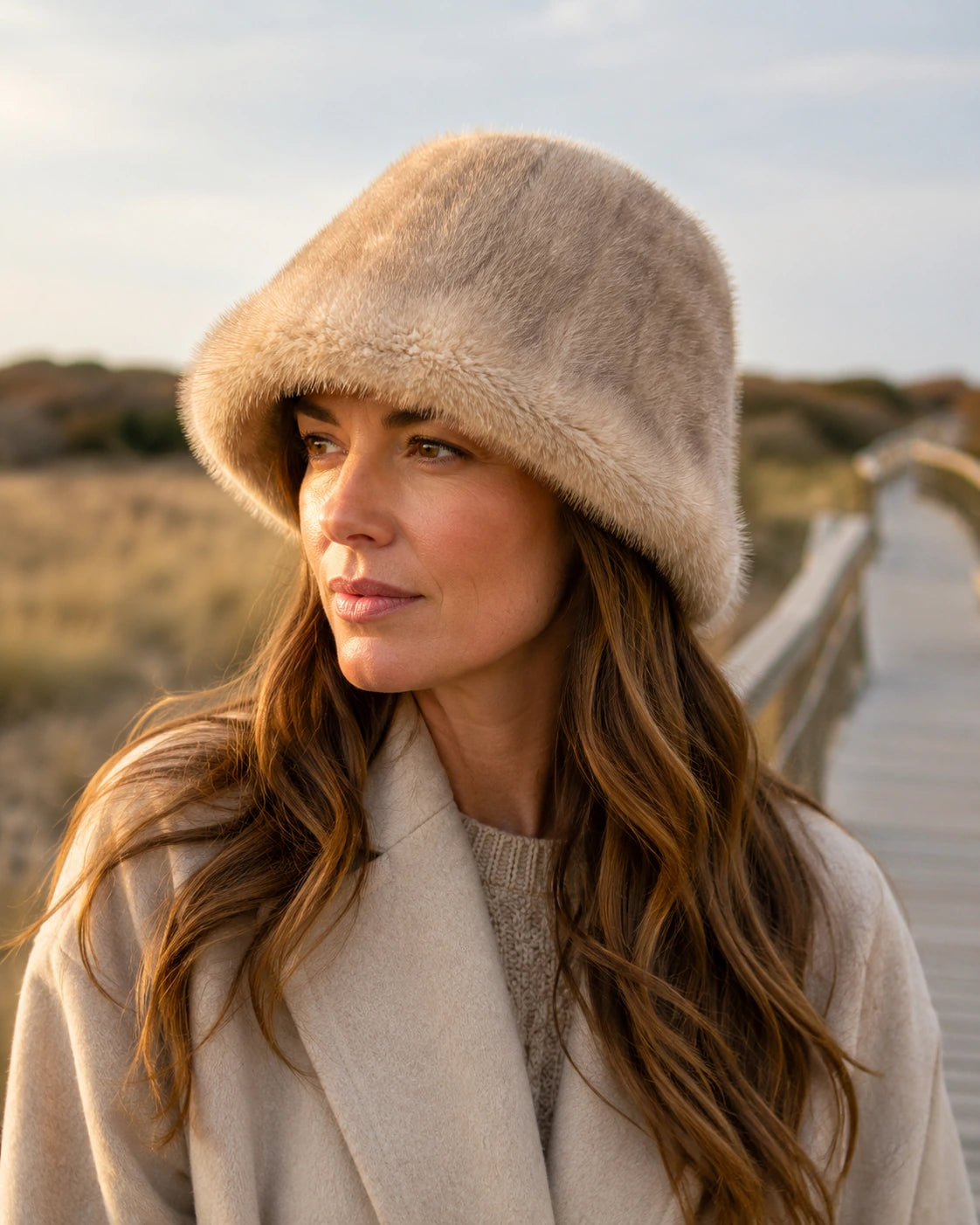 Light camel genuine mink fur adjustable bucket hat worn outdoors in natural daylight