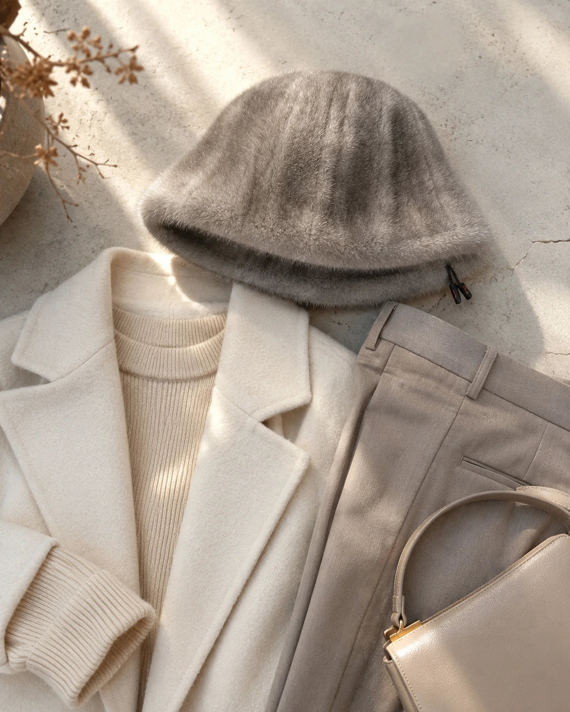 Silver gray genuine mink fur bucket hat styled with a tailored winter wardrobe