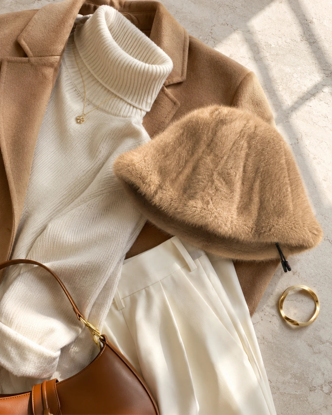 Light camel genuine mink fur bucket hat styled with ivory knitwear and leather accessories