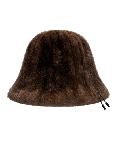 Dark Brown women's genuine mink fur adjustable bucket hat on transparent background
