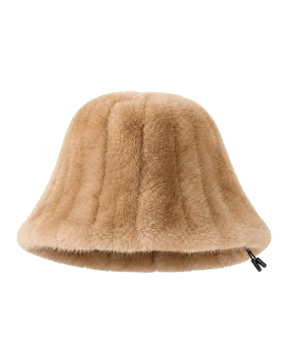 Light Camel women's genuine mink fur adjustable bucket hat on transparent background