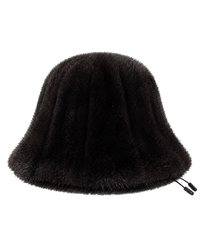 Natural Black women's genuine mink fur adjustable bucket hat on transparent background