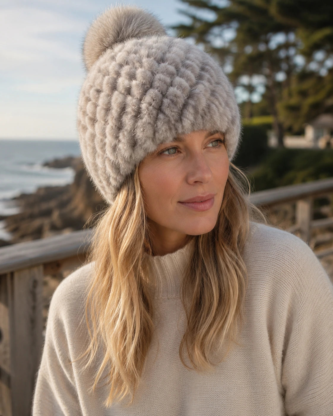 Silver gray genuine mink fur knitted beanie with fox fur pom-pom worn on a cold coastal walk
