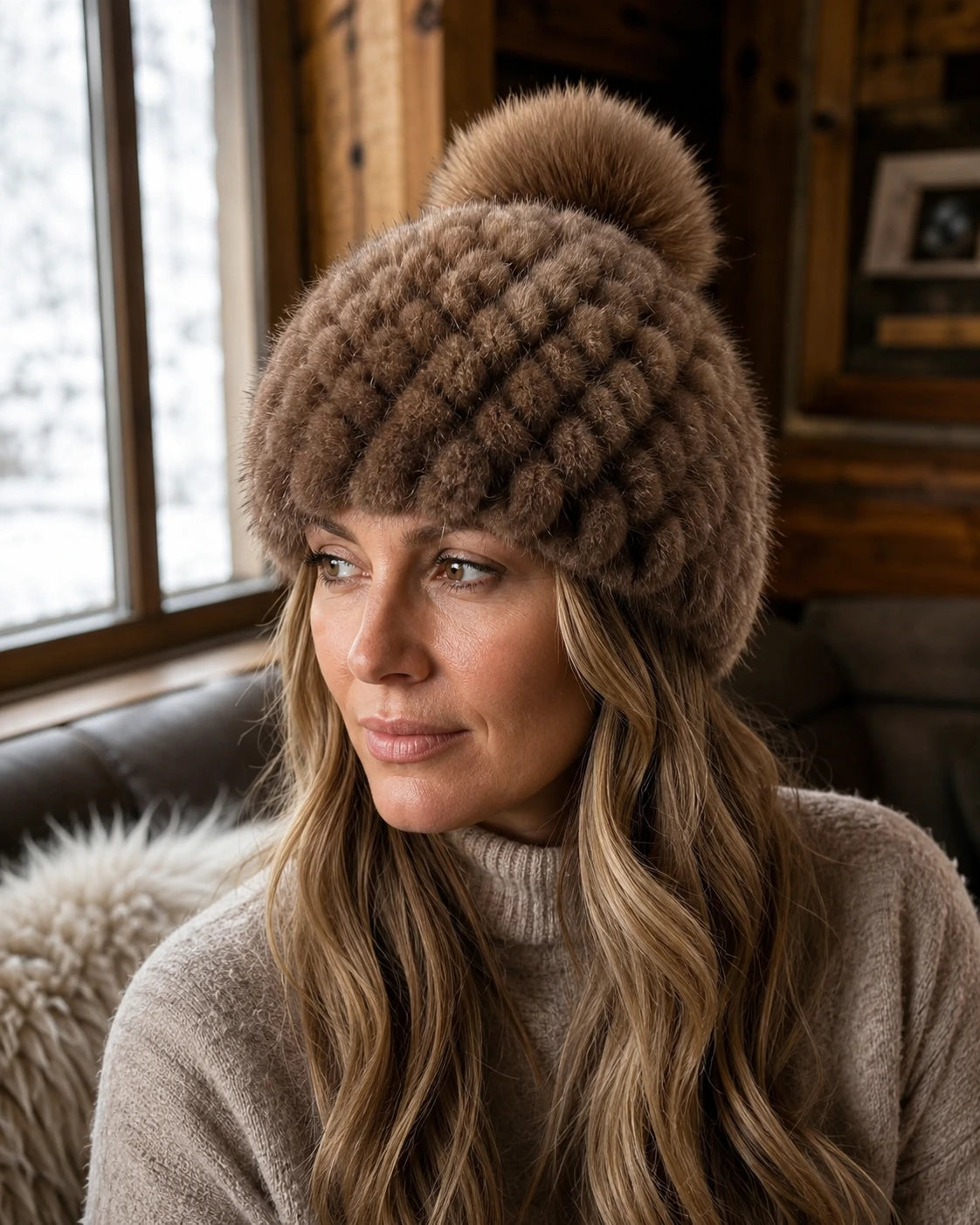 Dark brown genuine mink fur knitted beanie with fox fur pom-pom worn in a quiet lodge interior