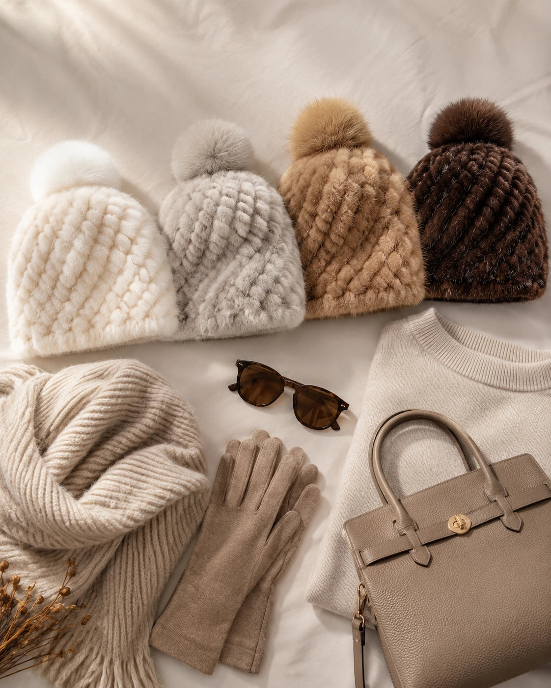 Mink fur knitted beanie color assortment styled with neutral winter accessories