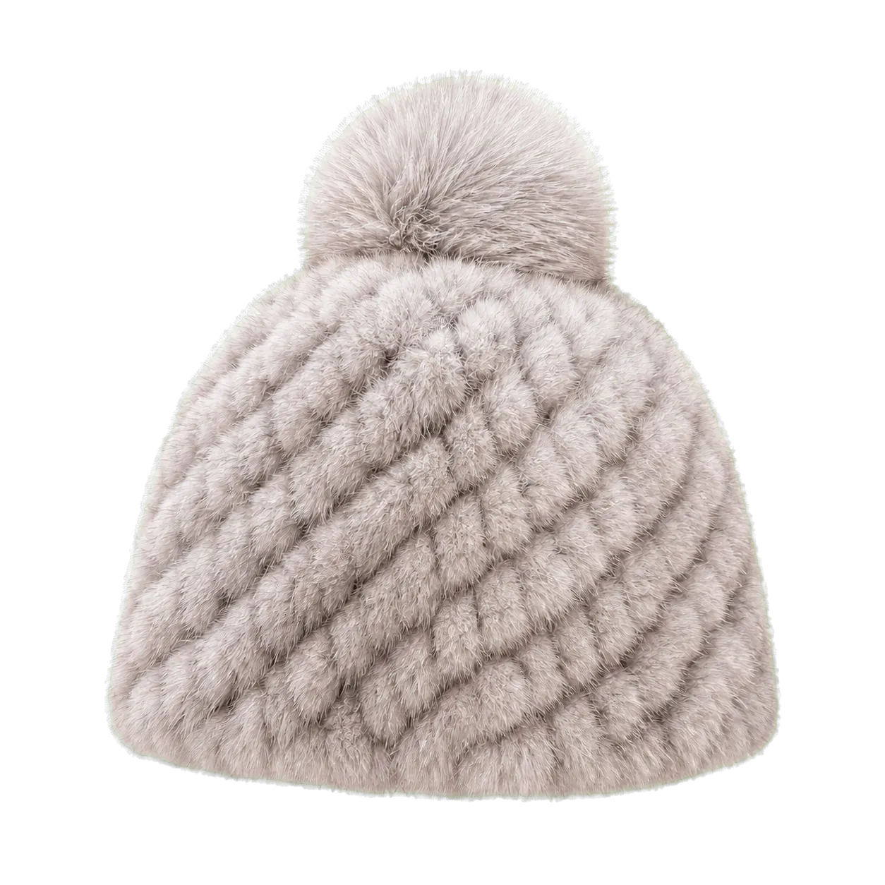 Cross Mink women's genuine mink fur knitted beanie with fox fur pom-pom on transparent background