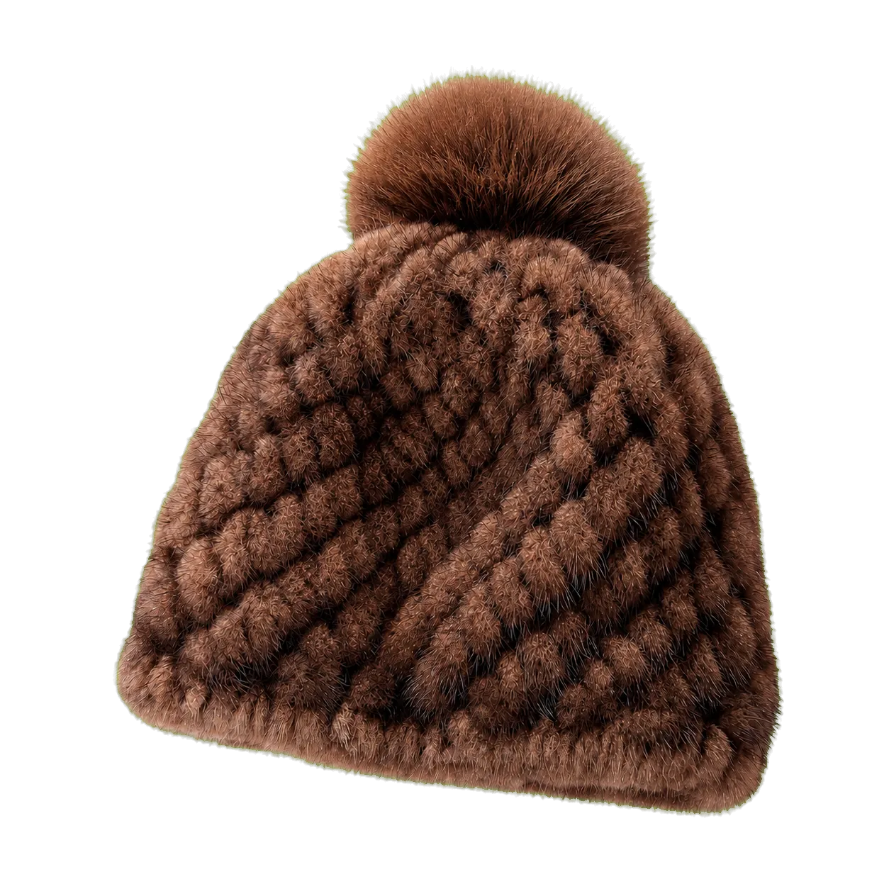Dark Brown women's genuine mink fur knitted beanie with fox fur pom-pom on transparent background
