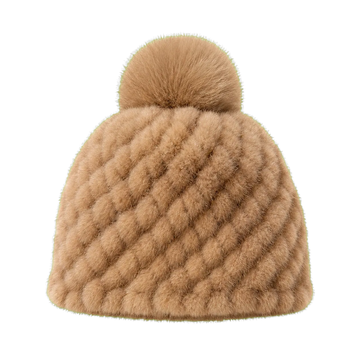 Light Natural Brown women's genuine mink fur knitted beanie with fox fur pom-pom on transparent background