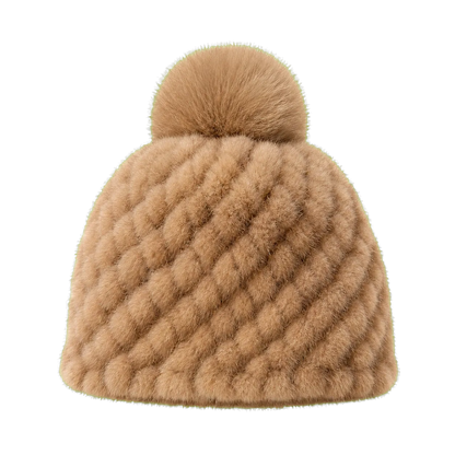 Light Natural Brown women's genuine mink fur knitted beanie with fox fur pom-pom on transparent background