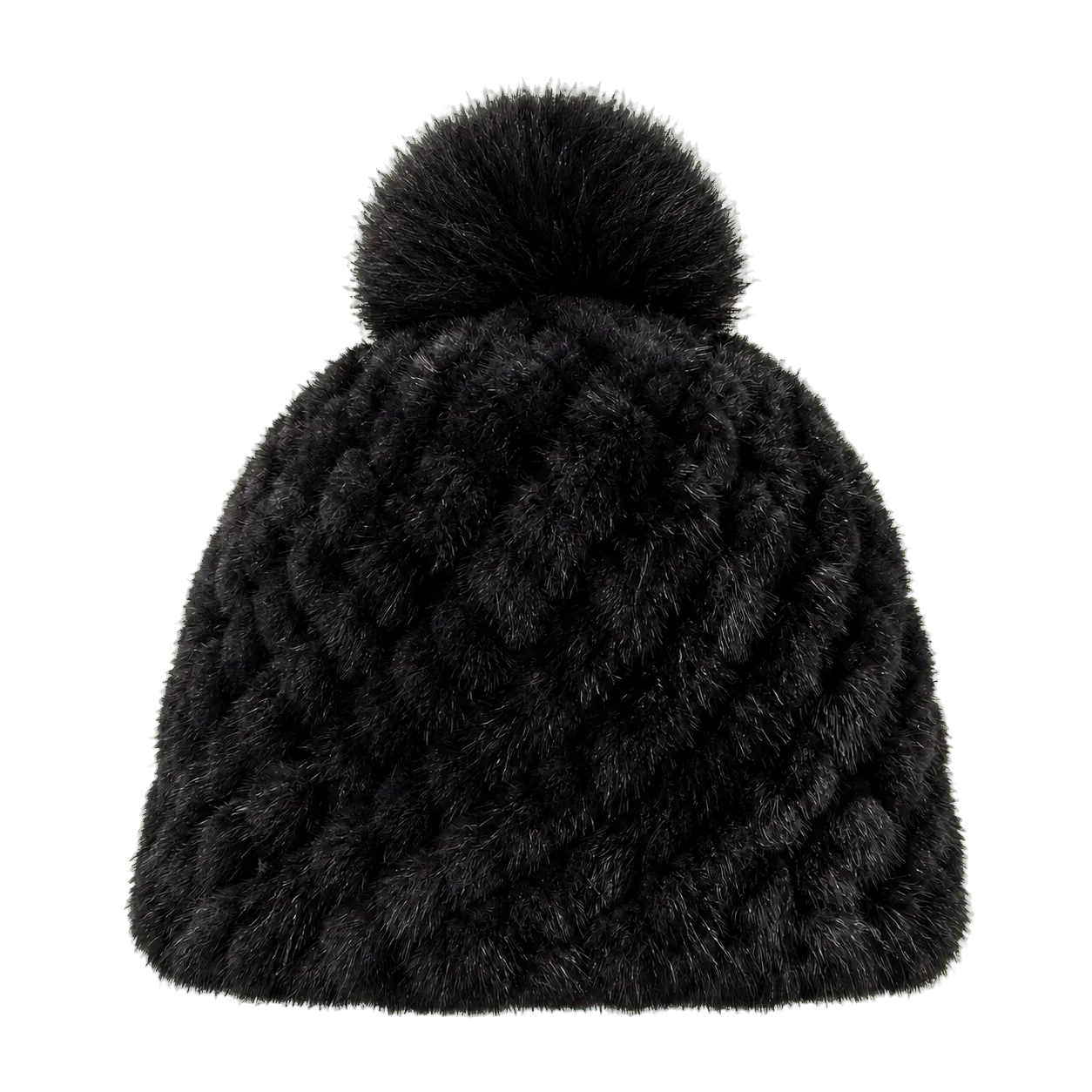 Natural Black women's genuine mink fur knitted beanie with fox fur pom-pom on transparent background