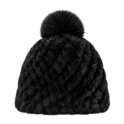 Natural Black women's genuine mink fur knitted beanie with fox fur pom-pom on transparent background
