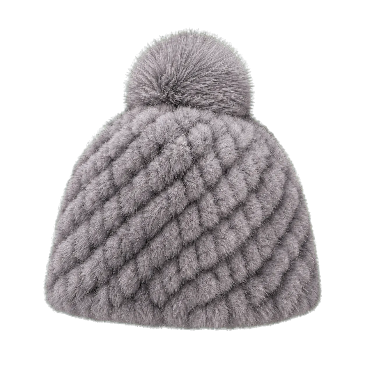 Silver Gray women's genuine mink fur knitted beanie with fox fur pom-pom on transparent background
