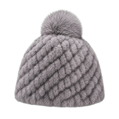 Silver Gray women's genuine mink fur knitted beanie with fox fur pom-pom on transparent background