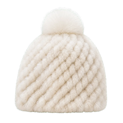 Soft Ivory women's genuine mink fur knitted beanie with fox fur pom-pom on transparent background