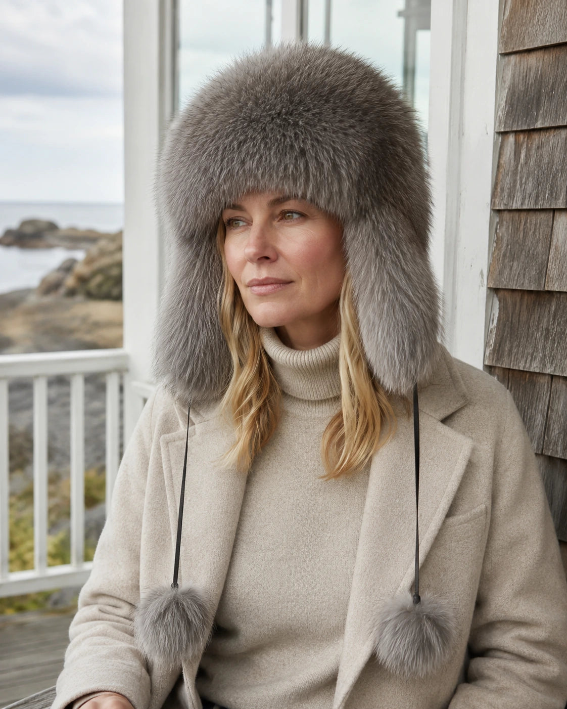 Silver gray genuine natural-fur ushanka hat worn on a cold coastal porch