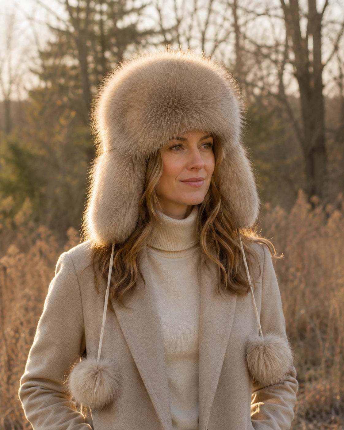 Taupe genuine natural-fur ushanka hat worn on a late-autumn walk