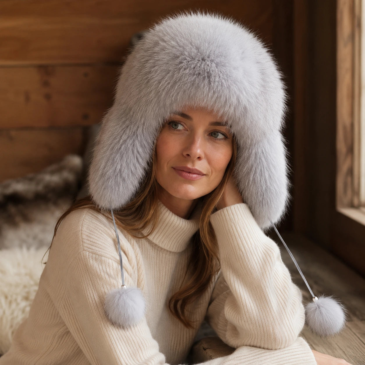 Frost gray genuine natural-fur ushanka hat with long ear flaps and pom-pom ties