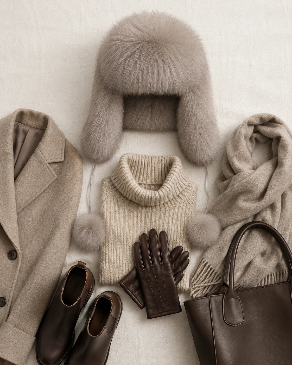 Silver gray natural-fur ushanka styled with a neutral winter wardrobe