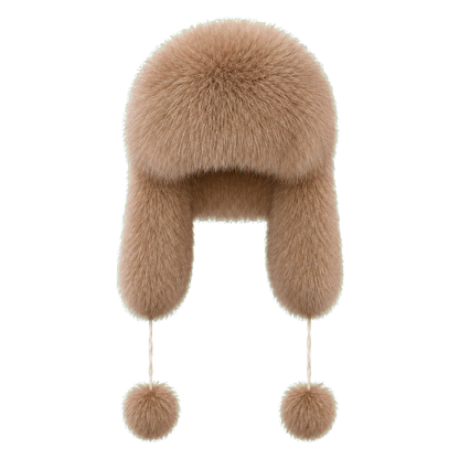 Blue Fox Natural women's genuine natural-fur ushanka hat with ear flaps and pom-pom ties on transparent background