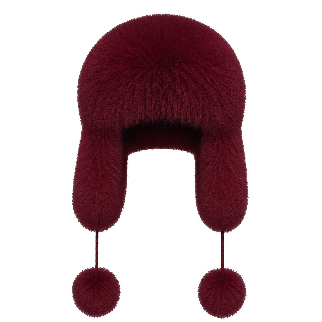 Burgundy women's genuine natural-fur ushanka hat with ear flaps and pom-pom ties on transparent background
