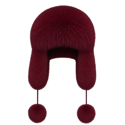Burgundy women's genuine natural-fur ushanka hat with ear flaps and pom-pom ties on transparent background