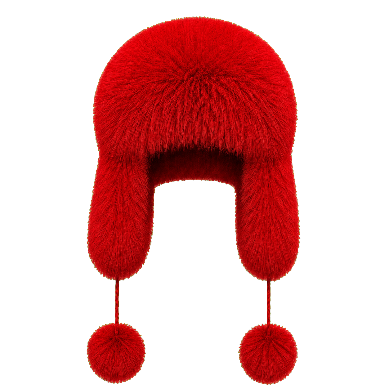 Crimson Red women's genuine natural-fur ushanka hat with ear flaps and pom-pom ties on transparent background