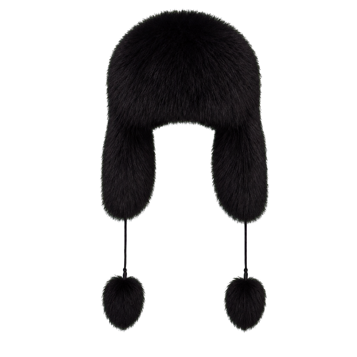 Natural Black women's genuine natural-fur ushanka hat with ear flaps and pom-pom ties on transparent background