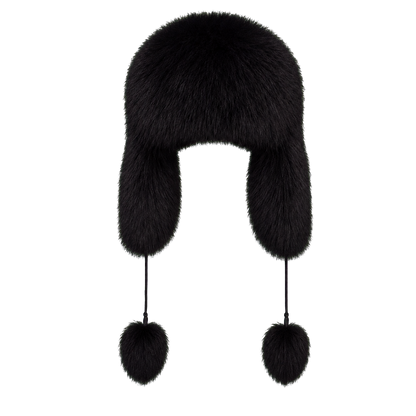 Natural Black women's genuine natural-fur ushanka hat with ear flaps and pom-pom ties on transparent background
