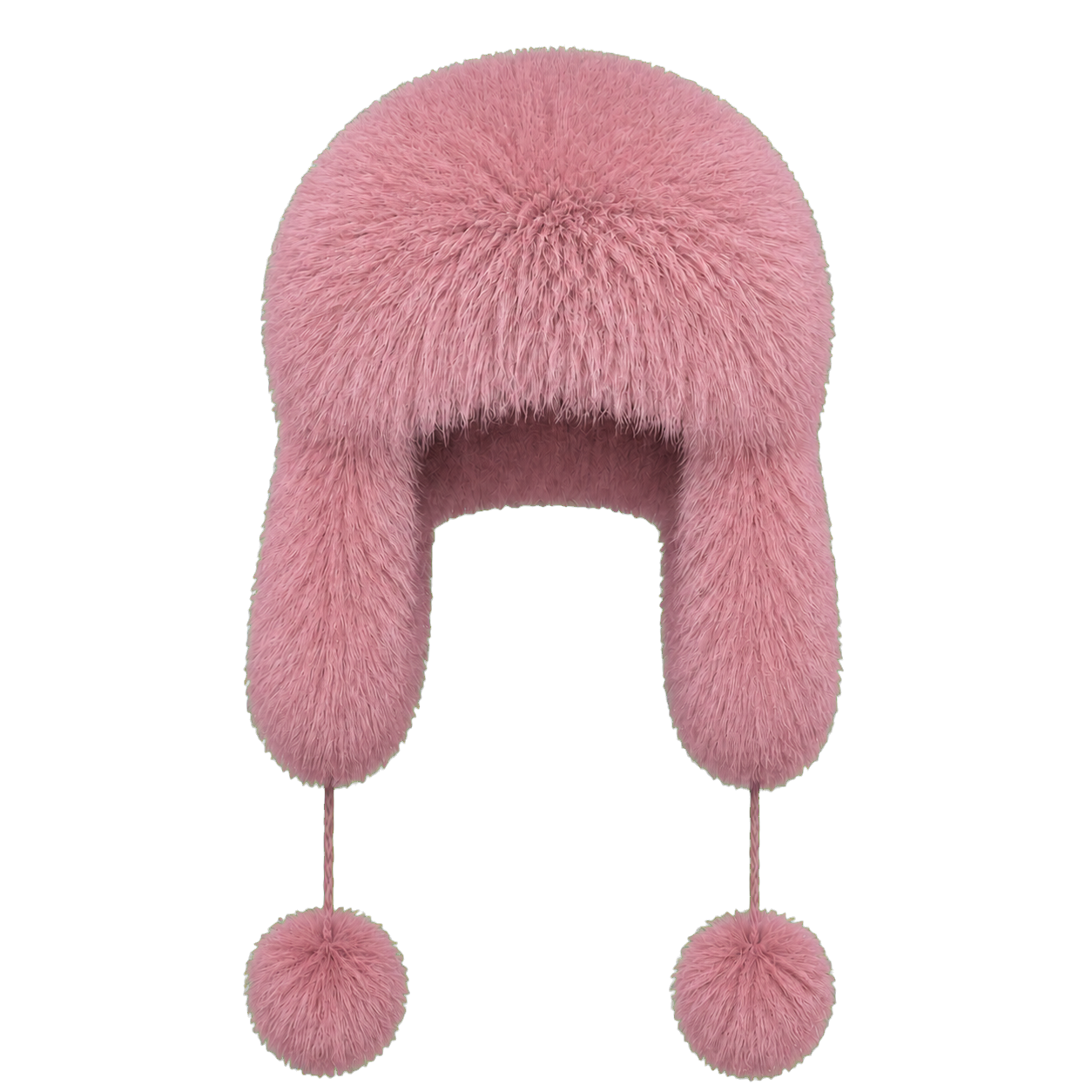 Rose Pink women's genuine natural-fur ushanka hat with ear flaps and pom-pom ties on transparent background
