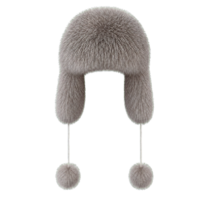 Silver Fox Natural women's genuine natural-fur ushanka hat with ear flaps and pom-pom ties on transparent background