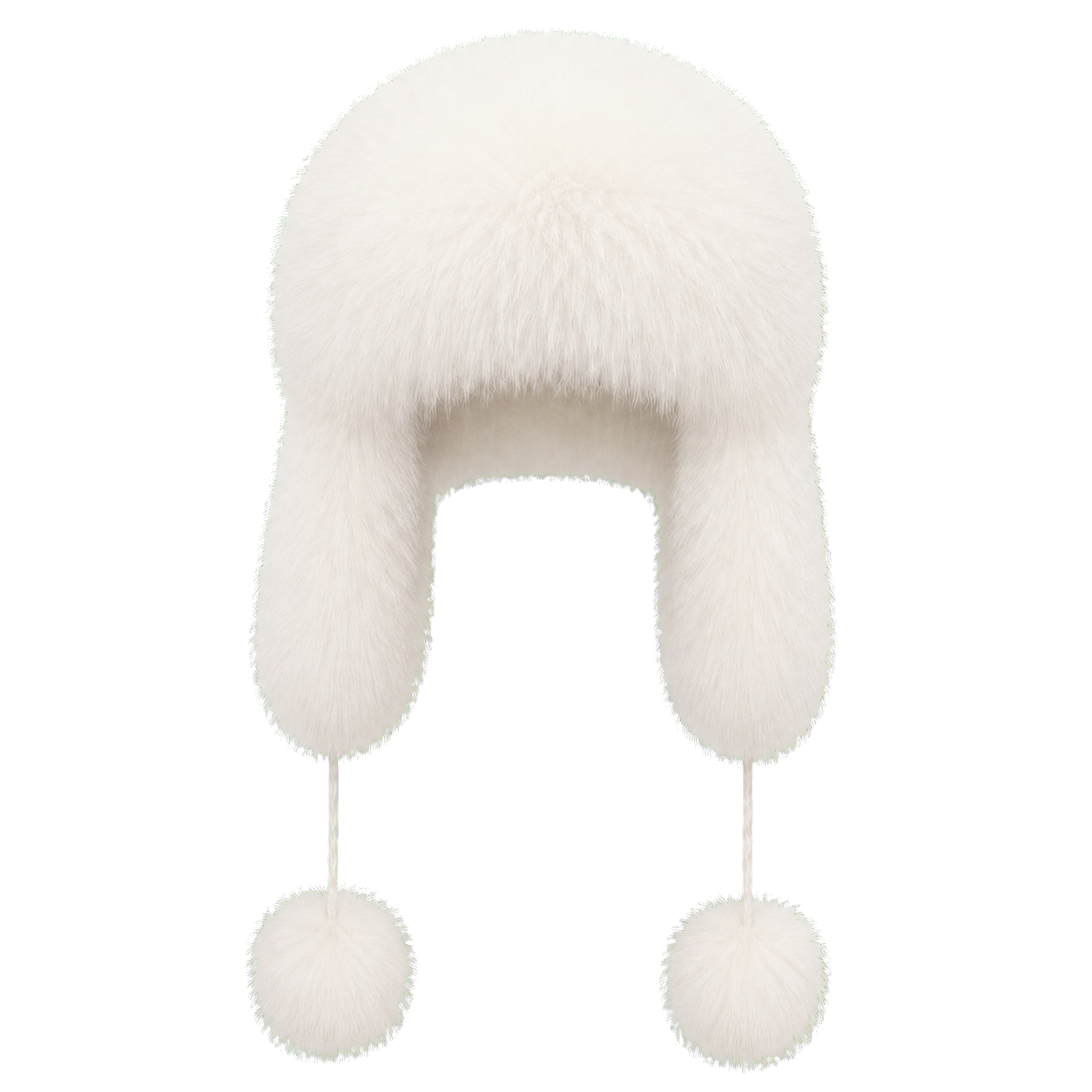 Soft Ivory women's genuine natural-fur ushanka hat with ear flaps and pom-pom ties on transparent background