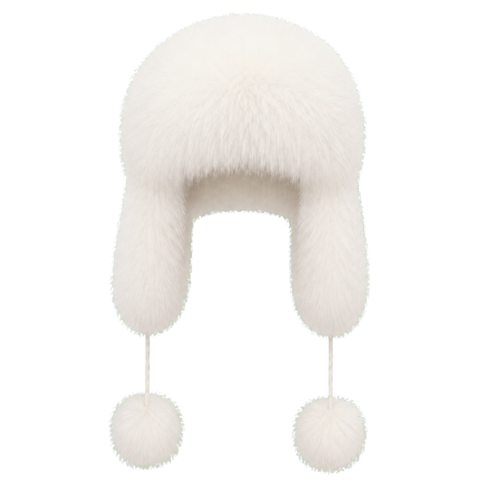 Soft Ivory women's genuine natural-fur ushanka hat with ear flaps and pom-pom ties on transparent background