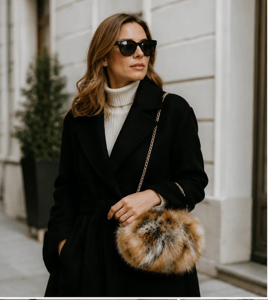 Genuine red fox fur hand muff chain bag carried with a black wool coat in the city