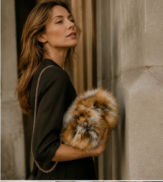 Natural multitone red fox fur muff bag worn by its gold-tone chain