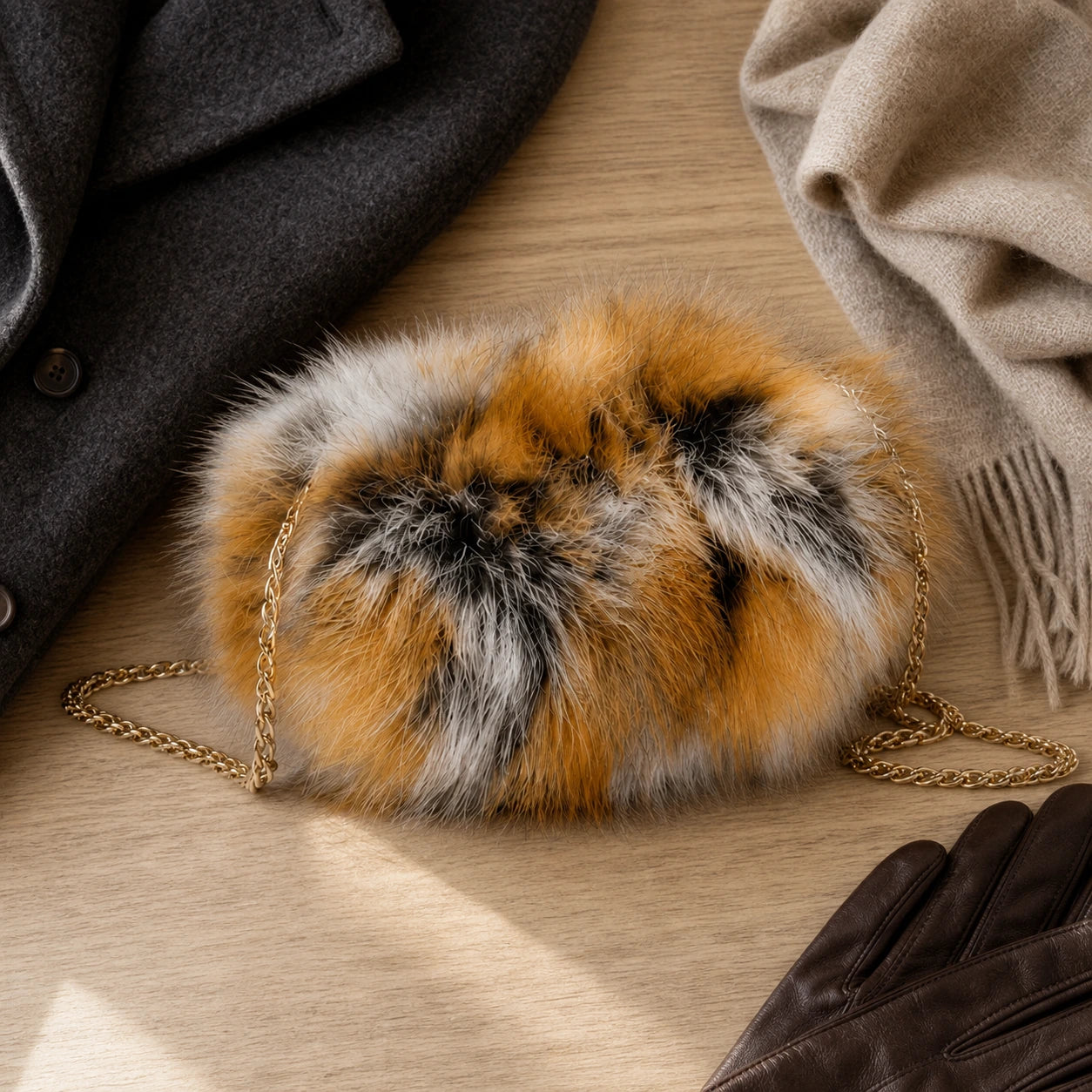 Genuine red fox fur hand muff chain bag styled with a charcoal coat, scarf, and leather gloves