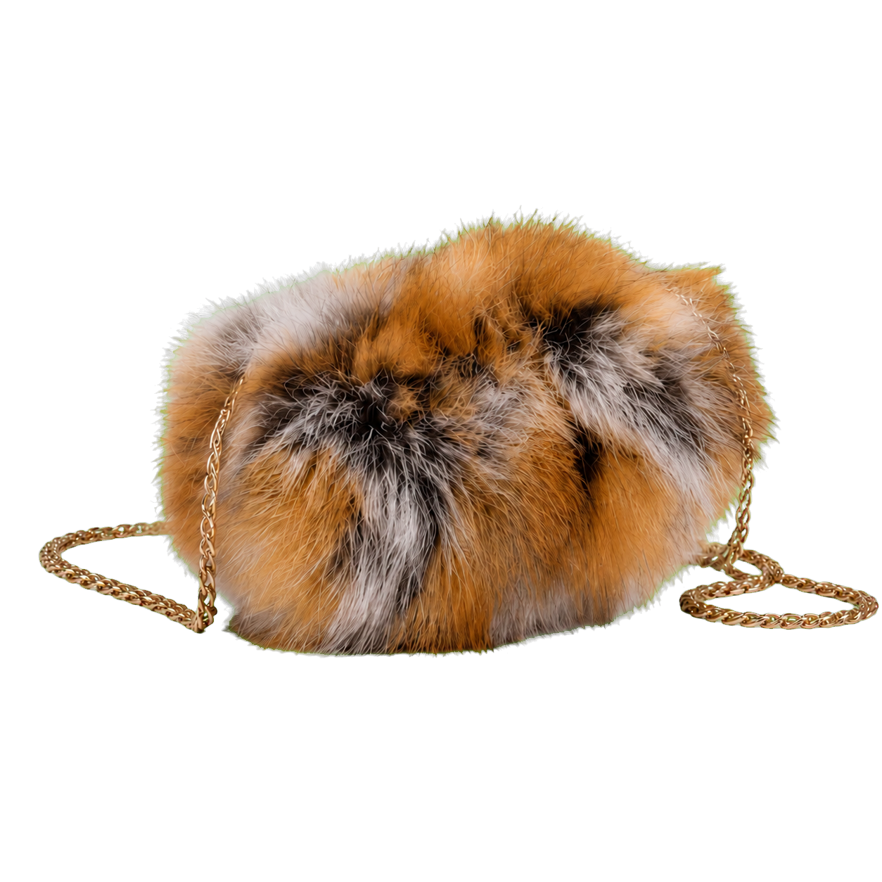 Natural red fox women's genuine fur hand muff chain bag on transparent background