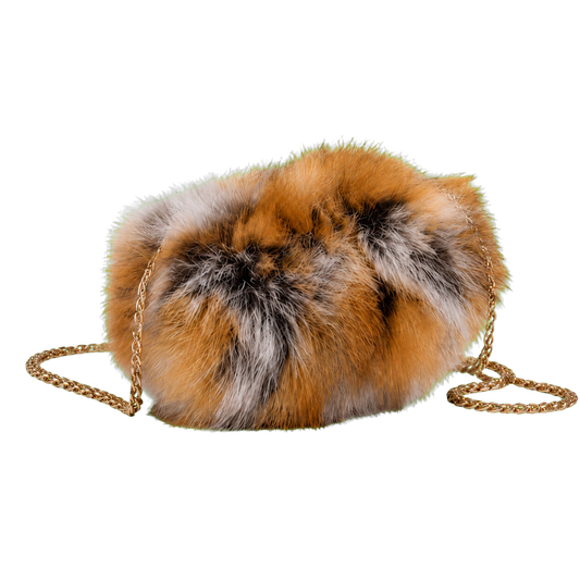 Natural red fox women's genuine fur hand muff chain bag on transparent background