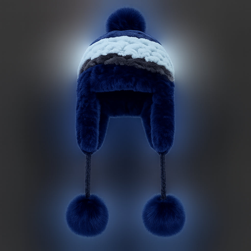 Front view of a blue Rex rabbit fur earflap hat with striped crown and fox fur pom-poms