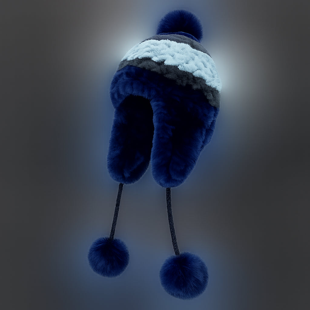 Three-quarter view of a blue Rex rabbit fur earflap hat with fox fur pom-poms