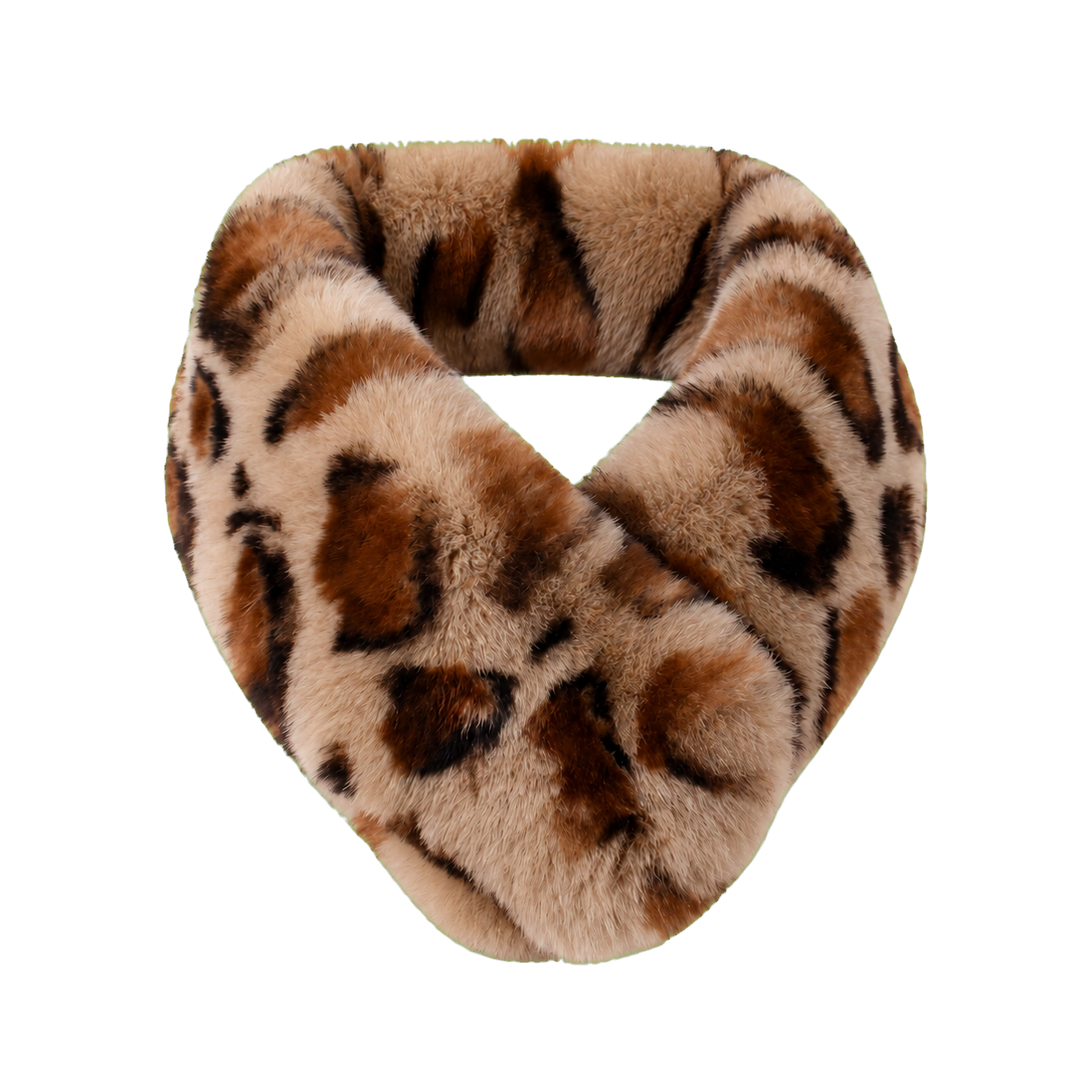 Women's genuine Rex rabbit fur leopard-print magnetic loop scarf on transparent background