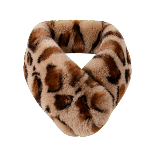 Women's genuine Rex rabbit fur leopard-print magnetic loop scarf on transparent background
