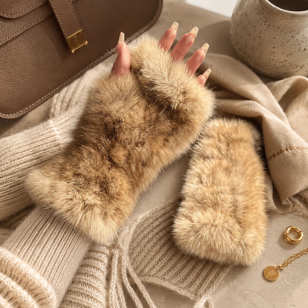 Light natural brown sable fur long cuffs styled with a structured winter wardrobe