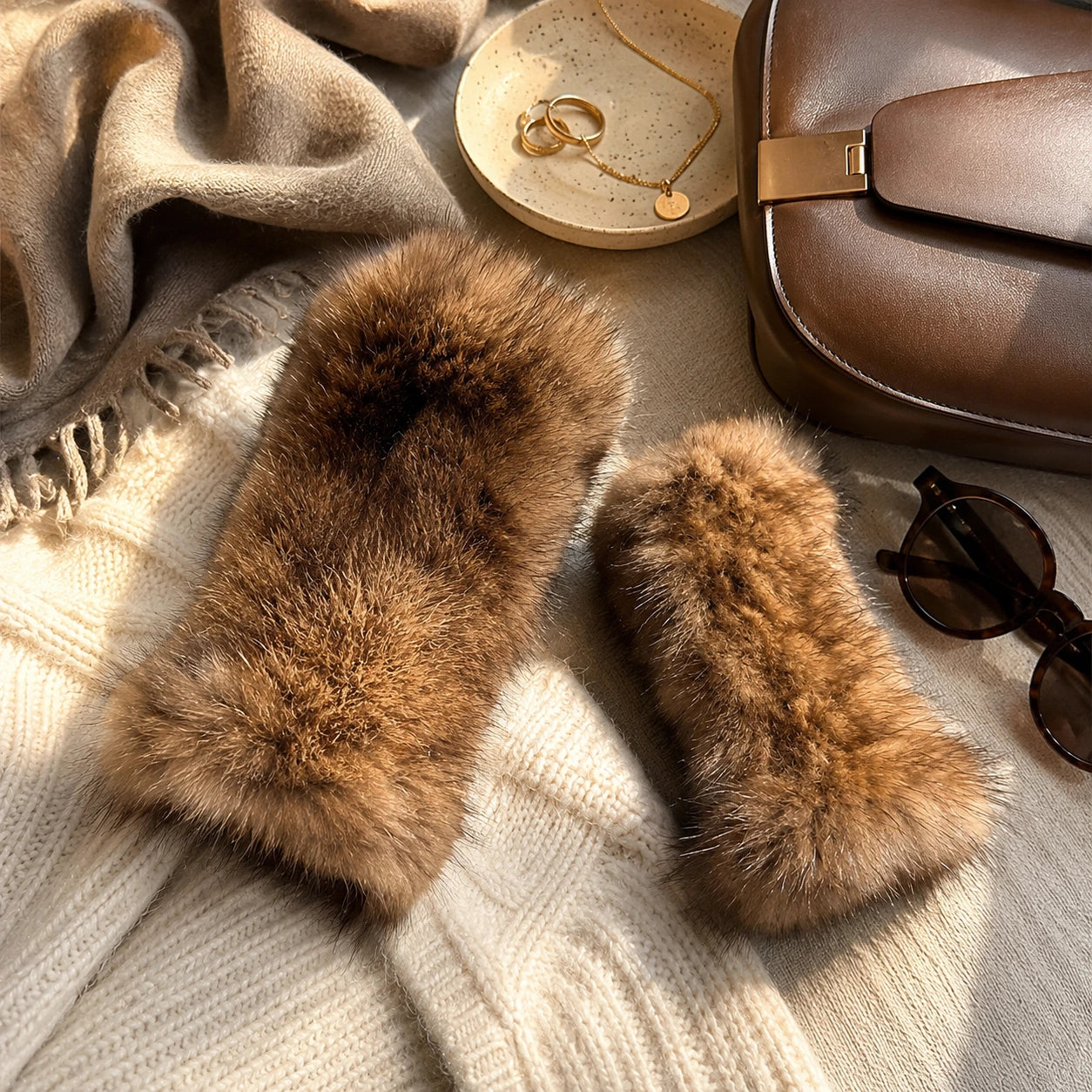 Dark natural brown sable fur long cuffs styled for an evening winter setting