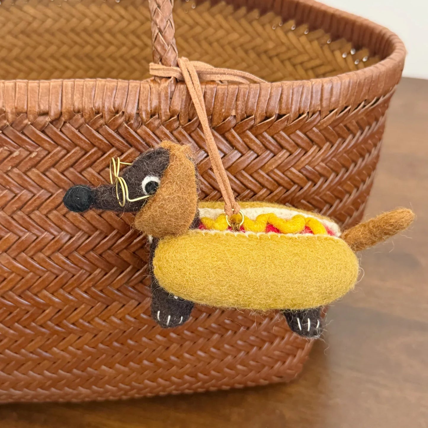 Back construction detail of wool felt dachshund charm