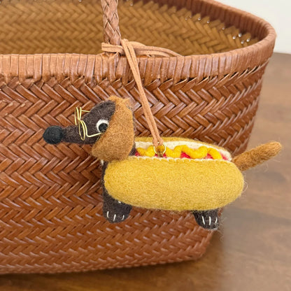 Back construction detail of wool felt dachshund charm